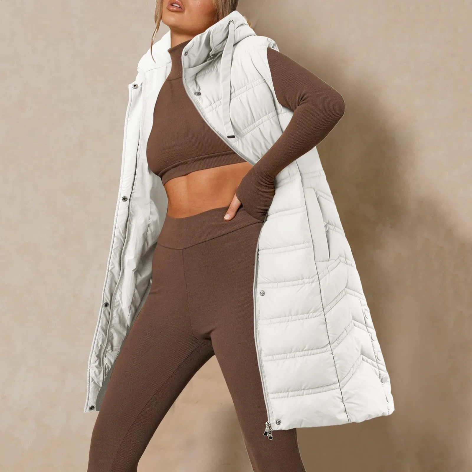 Womens Long Waisted Coat Winter Warm Vest Jacket Loose Sleeveless Zipper Womens Streetwear Solid