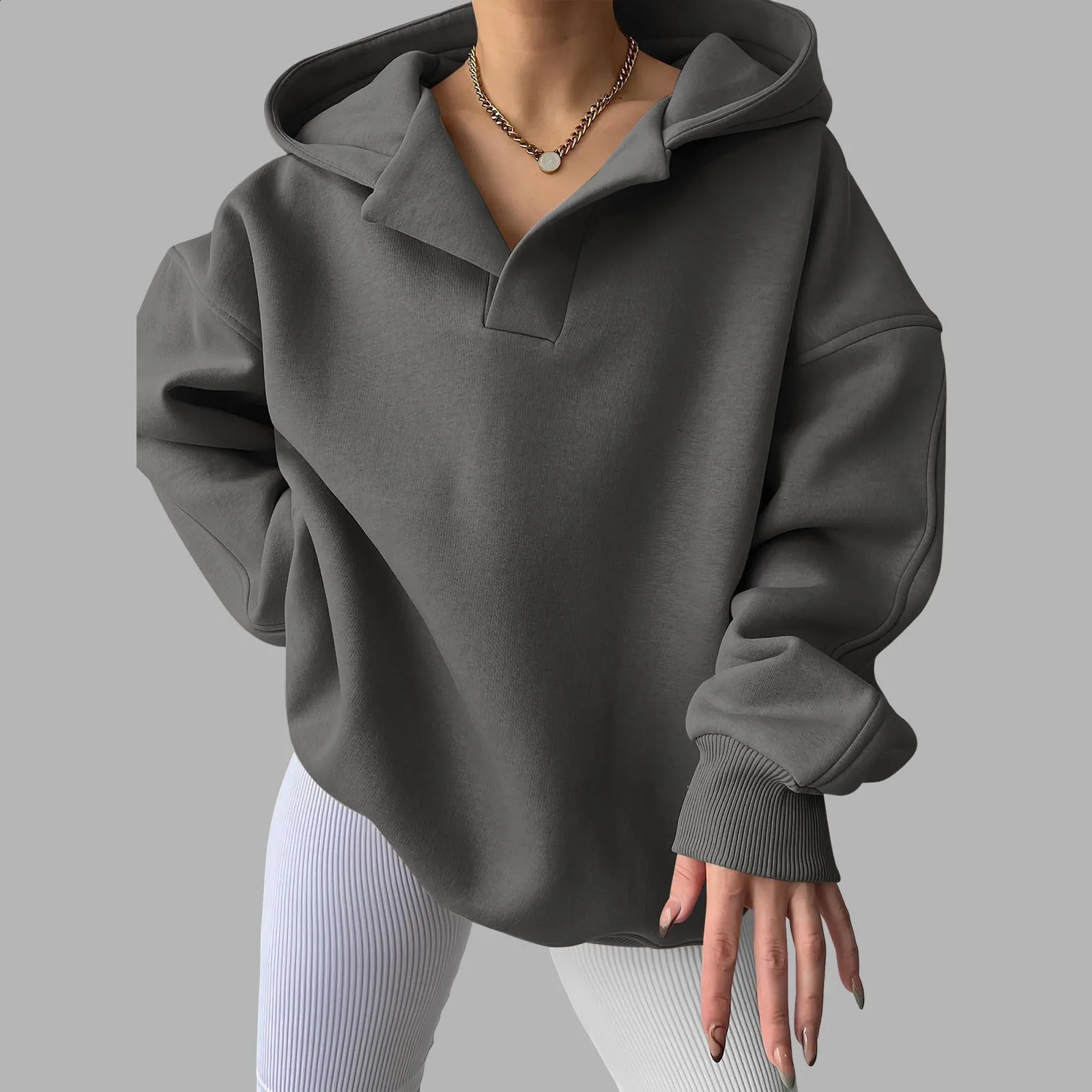 Womens Vneck oversized hooded sweatshirt with pockets classic wool lining womens plain weave 240923
