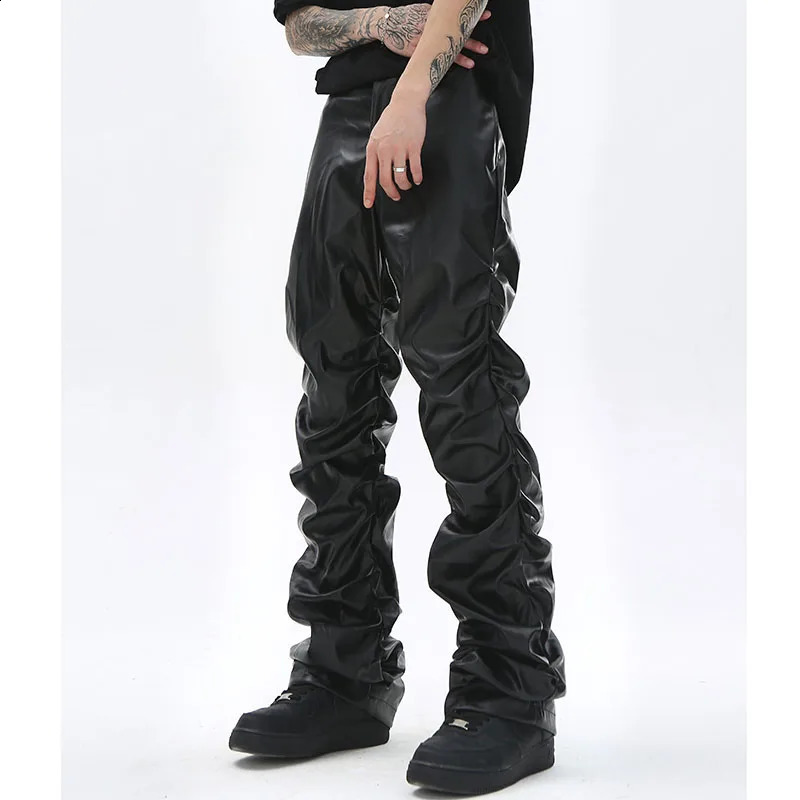 Hip Hop Mens Pleated Pu Leather Pants Harajuku Retro Streetwear Loose Ruched Casual Trousers Straight Solid Color Black Pants 240923