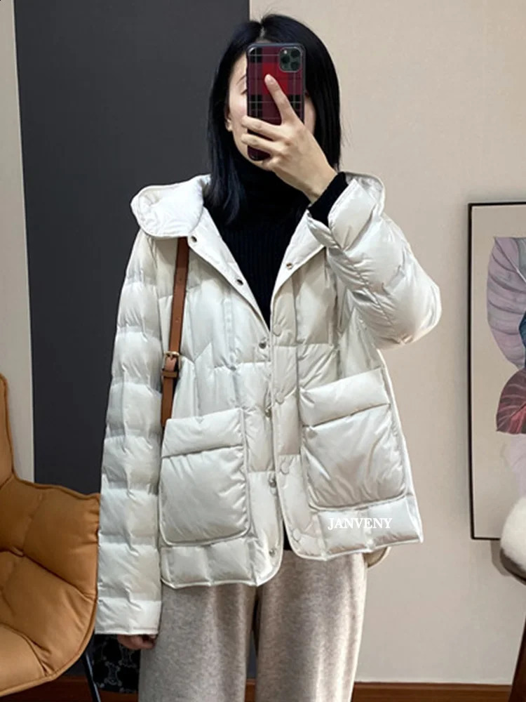 JANVENY Winter Hooded Light Inflatable Jacket Womens Solid Color Versatile Portable Parka 90 White Duck Down Short Sleeve Warm Coat 240921