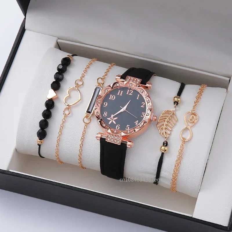 6PCS Set Watch For Women Luxury Leather Analog Ladies Quartz Wrist Watch Fashion Bracelet Watch Set Female Relogio FemininoX240923