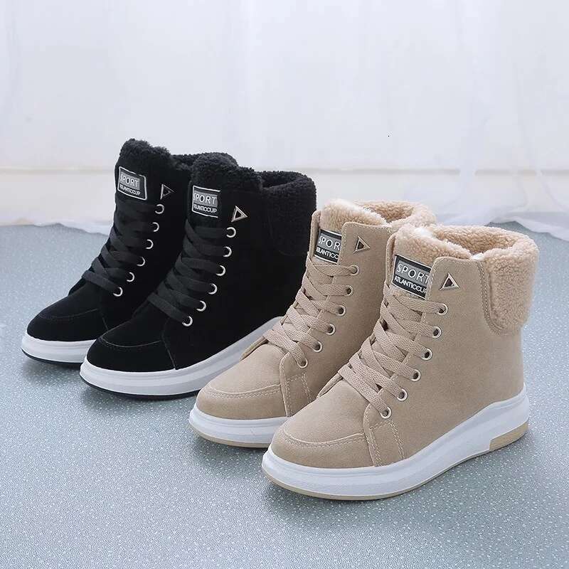 Ankle Warm PU Plush Winter Woman Sneakers Flats Lace Up Ladies Shoes Women Short Snow Boots