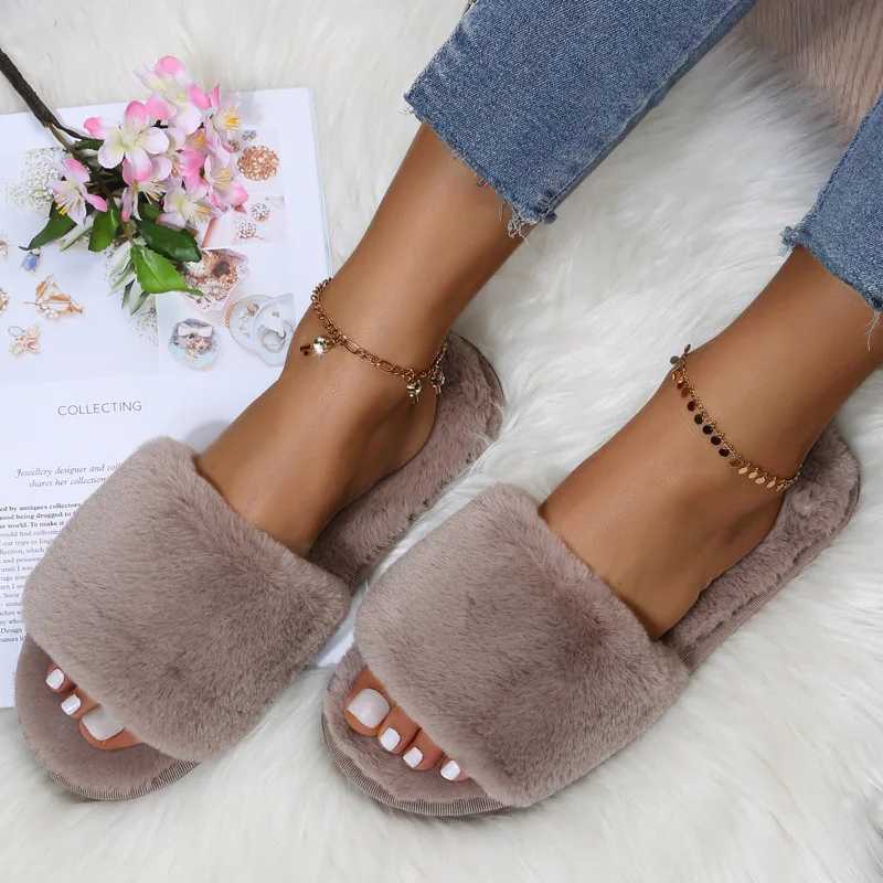 2022 New Women Winter House Furry Slippers N-Slip Casual Indoor Flats Floor Shoes Ladies Flip Flops Warm Shoes Solid ColorsXJ250207