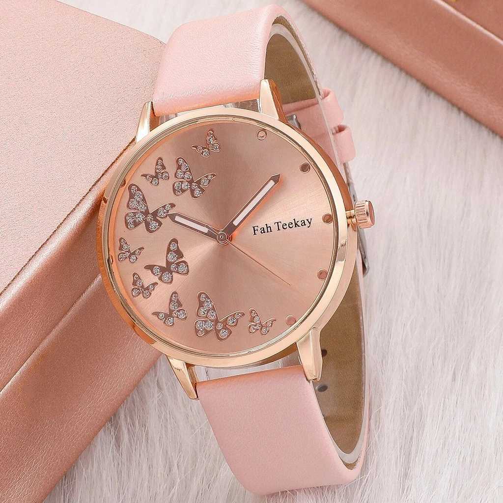 2pcs/set fashion Butterfly pattern rhinestone pu leather women wrist watchX240923