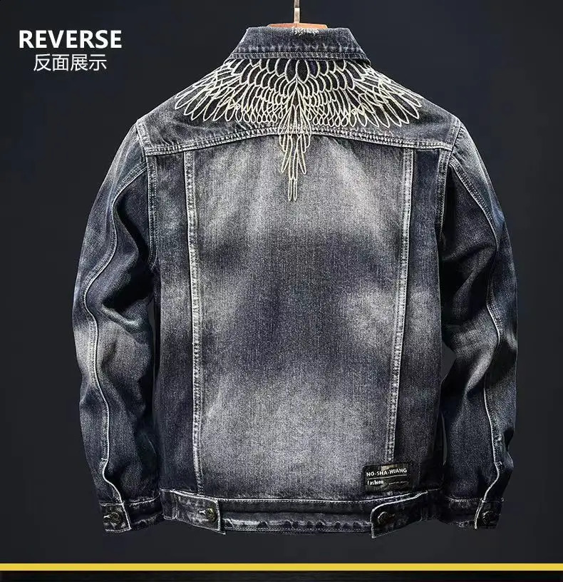 Lightweight y mens classic denim jacket embroidered blue with wings hard washed street fashionable and sexy jacket; 240921
