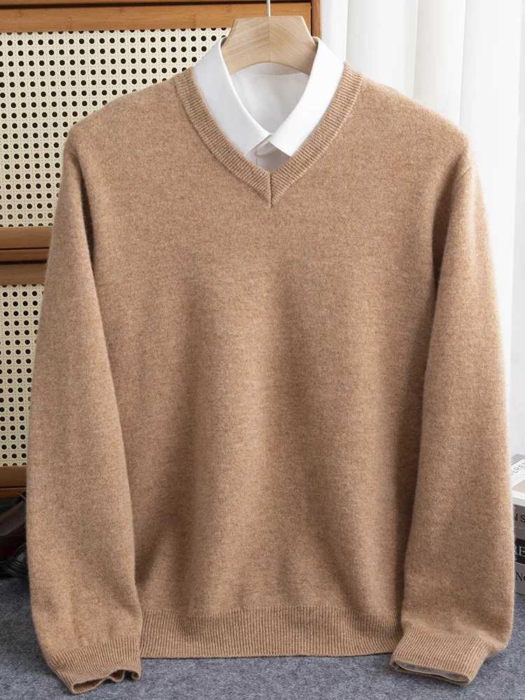 Mens 100% Merino Wool Sweater V-neck Zipper Autumn Winter Cashmere Warm Solid Knitted Fabric X2411261