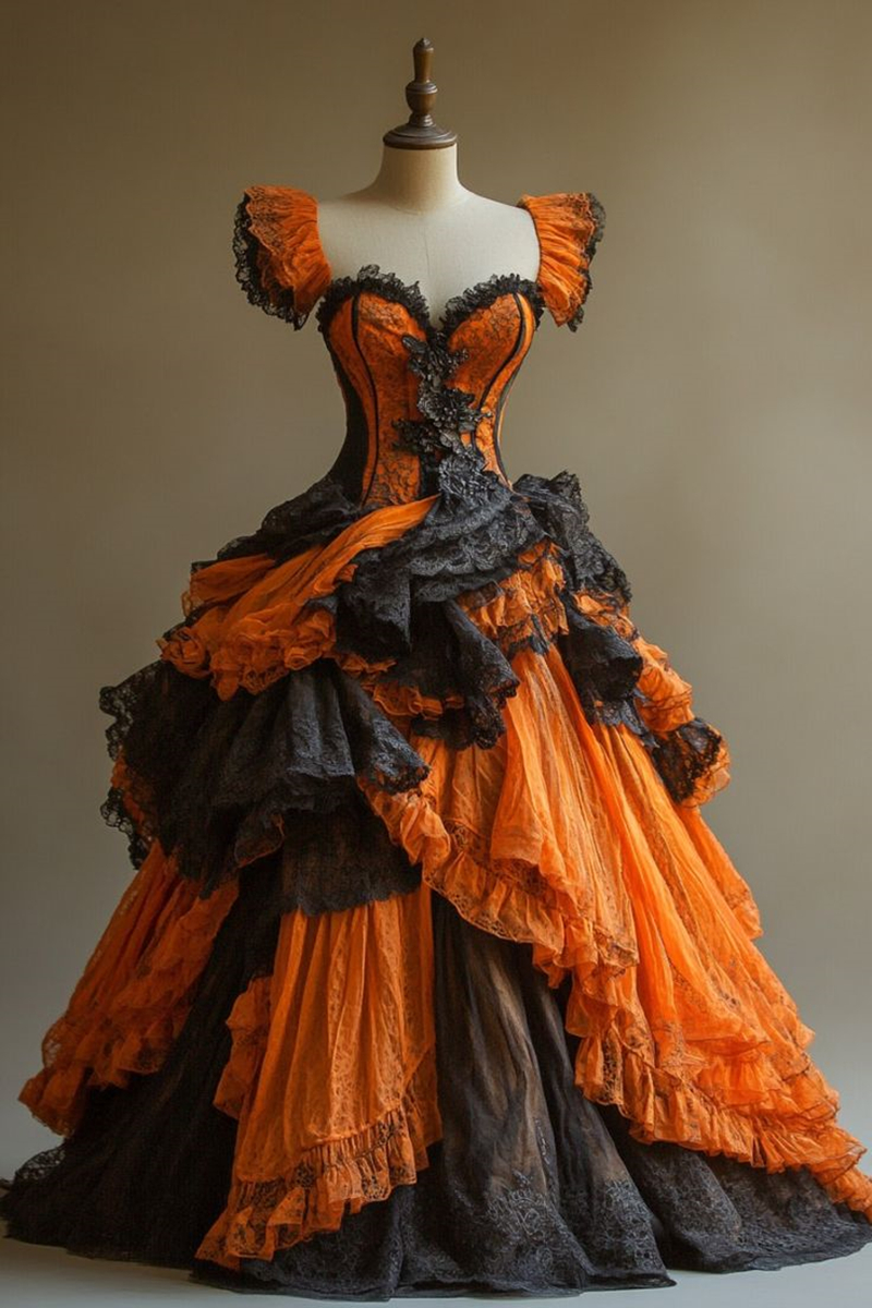 Vintage Victorian Prom Dresses Black And Orange Contrast Color Lace Appliques Ruffle Short Sleeves Floor Length Ball Gown Gothic Special Occasion Part