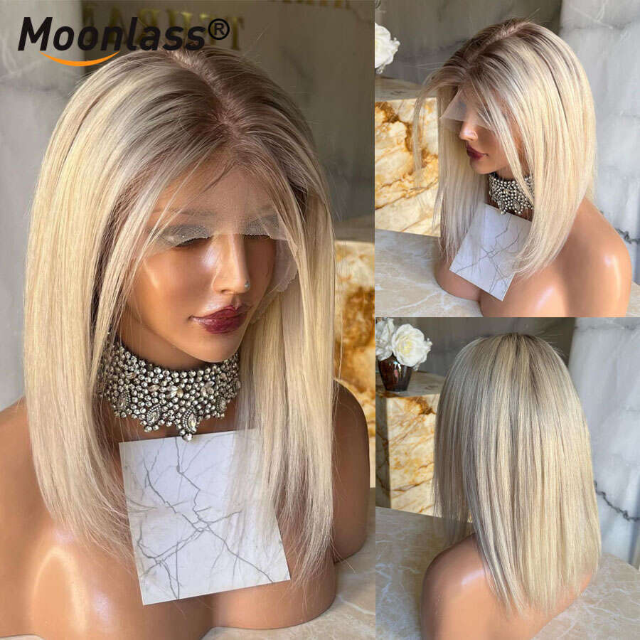 Ash Short Bob Human Hair Wigs 150 Density Ombre Blonde 13x4 Lace Front For Women Preplucked Natural Haire Remy Wig