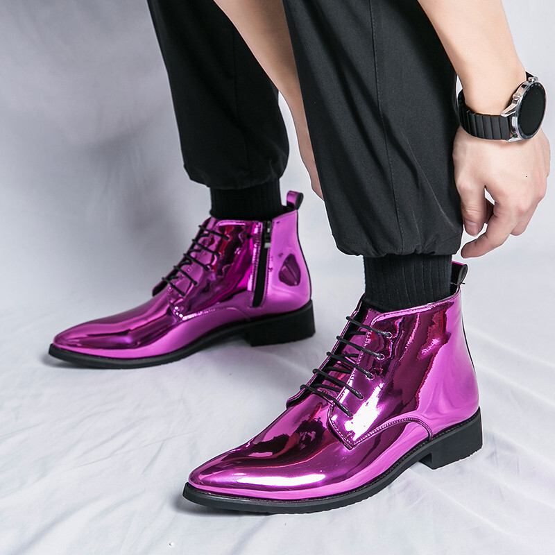 Fashion Design Pink Men High Top Wedding Shoes Leather Bright For Man Flat Lace-Up Men's Pointed Boots Big Size 47 241117