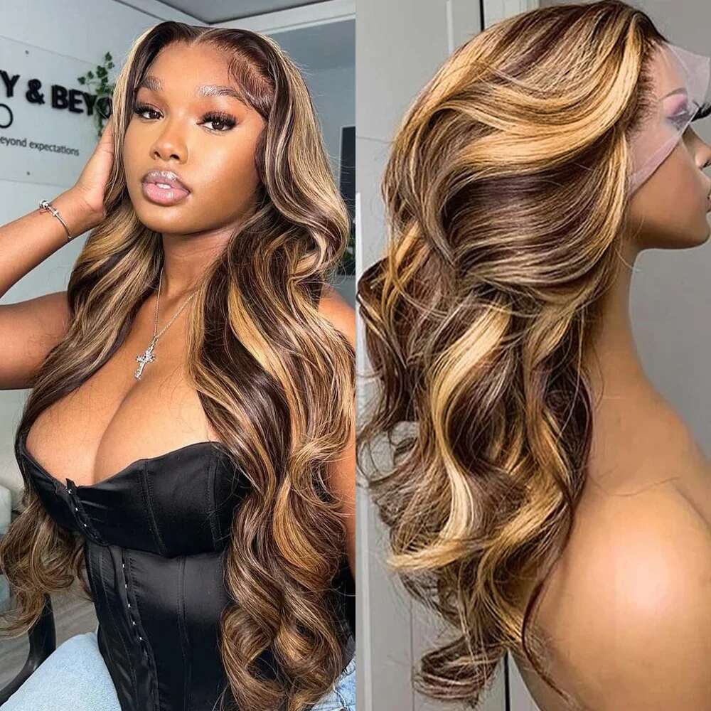 Highlight Body Wave 13x4 HD Front Human Hair Wigs For Women Honey Blonde Transparent Lace Frontal Wig