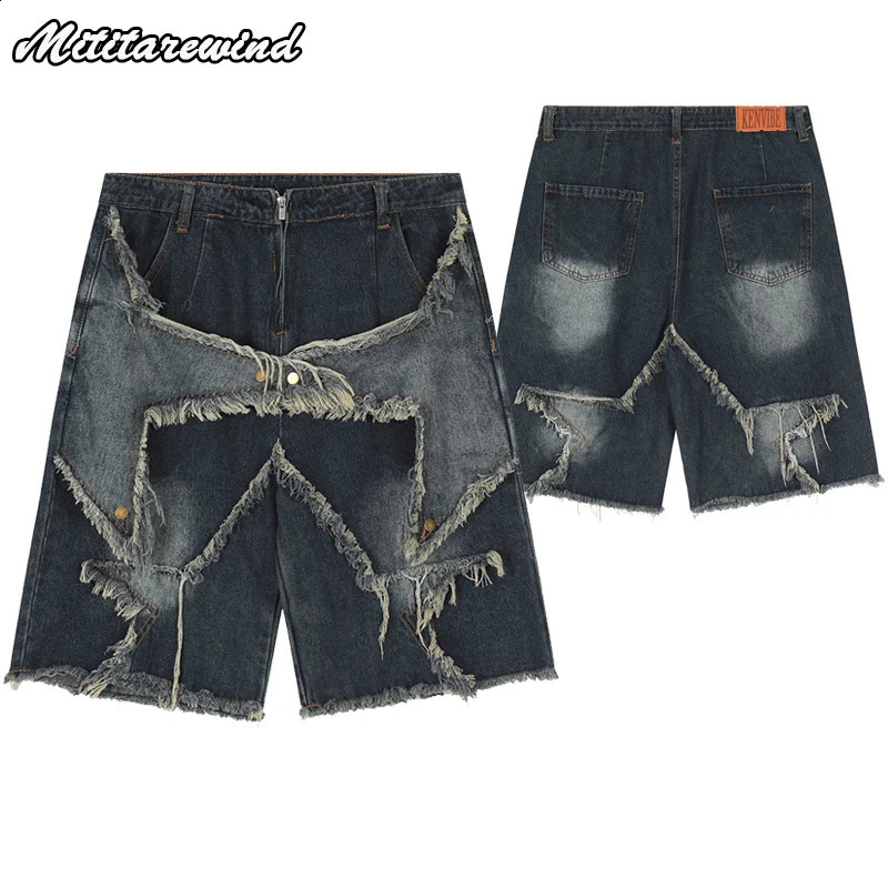 Vintage Jeans Shorts for Men Tassel Star Embroidery Denim Shorts Men Splicing Loose Hip Hop Streetwear Harajuku Y2K Jeans Pants 240921