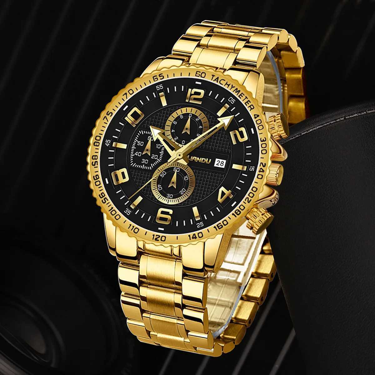 2-piece mens watch bracelet set luxury gold top fashion casual watch with calendar quartz watch Relogio Masculino W240923