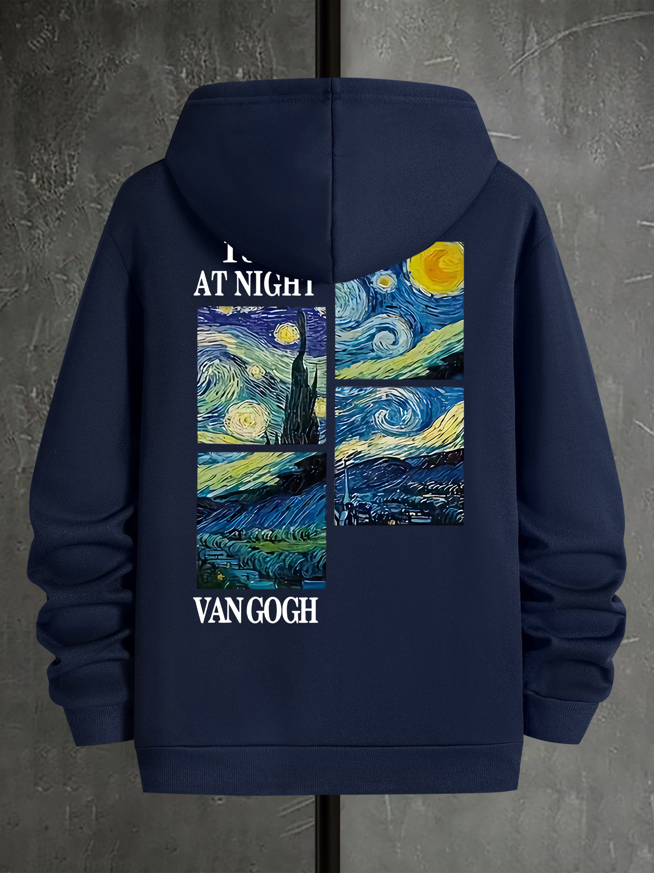 Starry Night Inspired Print Hoodie - 1889 Artistic Graphic Pullover with Kangaroo Pocket, Polyester Knit Fabric with Slight Stretch, Casual Hooded Swe