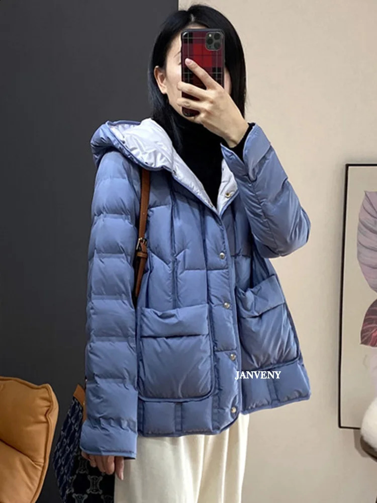 JANVENY Winter Hooded Light Inflatable Jacket Womens Solid Color Versatile Portable Parka 90 White Duck Down Short Sleeve Warm Coat 240921