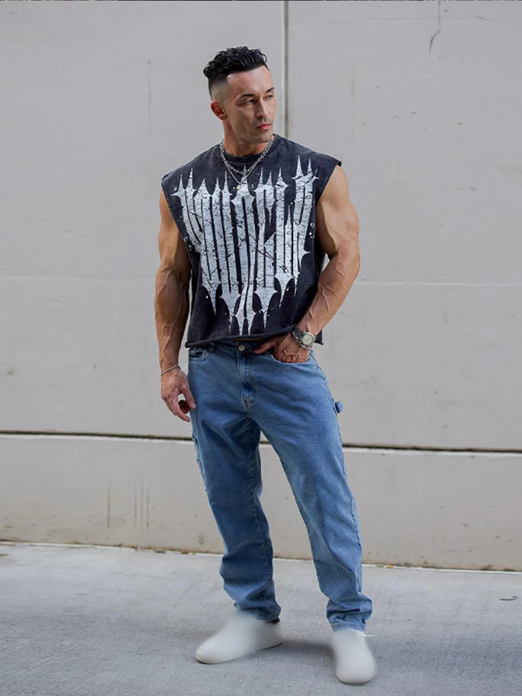 American style printed sleeveless T-shirt mens summer loose basketball vest fashionable street jogging and fitness vest 240923