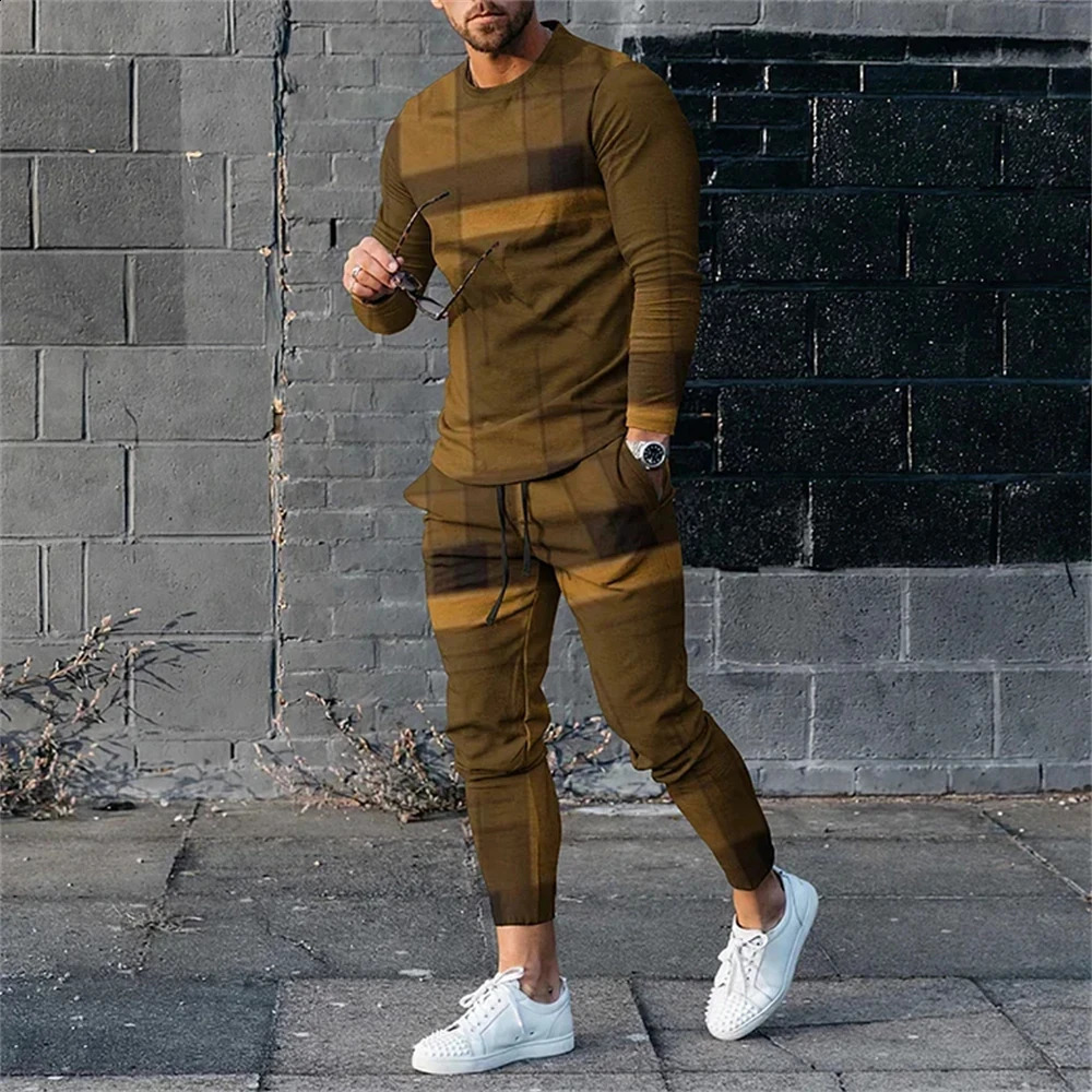 Long Sleeved Suit Mens Plaid 3D Printed Fashion Retro Jogging Sweatshirt Set Spring Fall Crew Neck Sweatshirt And Pants M-3XL 240918