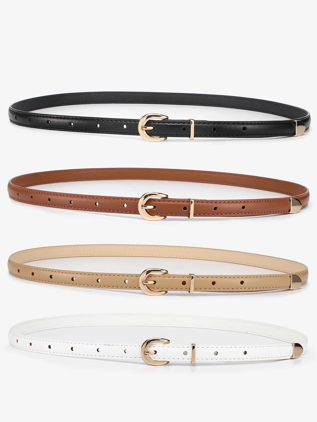 4pcs Women Student Teenager Skinny Leather Belt Thin Waist Belt with Metal Buckle for Pants Jeans DressesX240923