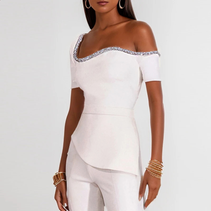 Heat resistant solid combination womens fashionable irregular long shoulder jumpsuit high street short sleeved flash pants onepiece 240918