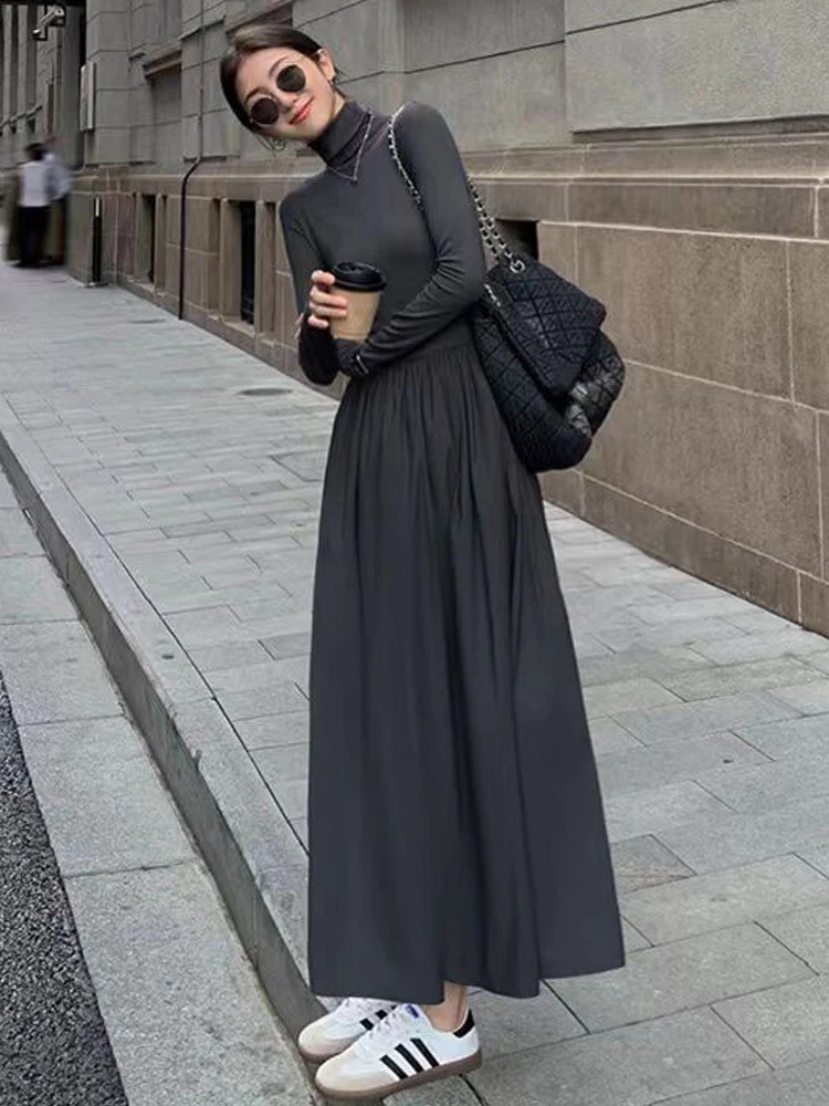 Autumn Winter Dress Women Elegant Long Sleeve Dresses Female Korean Fashion High Collar Long Dress Lady Vintage Chic Solid Robe 240913