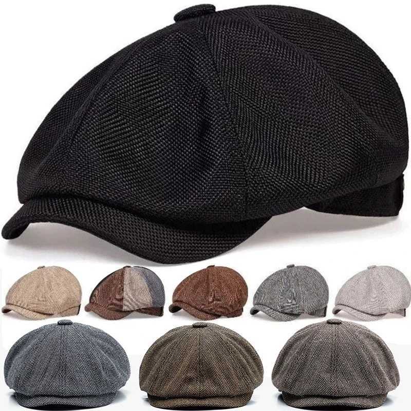 Mens Newsboy Hat Peaky Autumn Retro Bone Octagonal Hat Womens Casual Striped Beret Gatsby Flat Hat Y240923