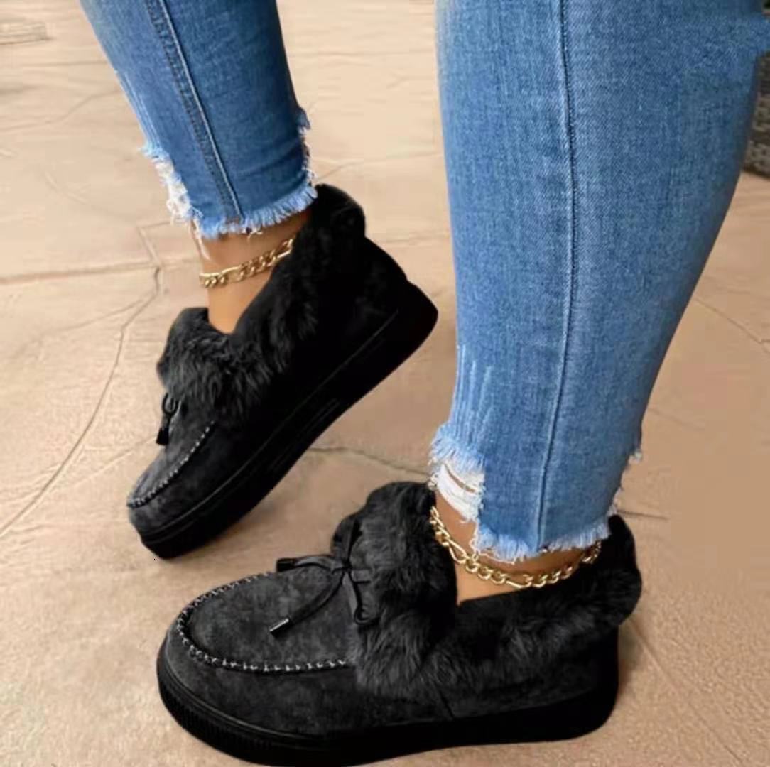 2024 New Cotton Winter Bow Warm Snow Boots Flat Wool Large Size Women Shoes