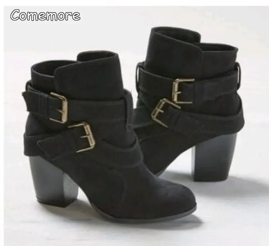 Buckle Casual Ladies Shoes Female Chelsea Short Boot Chunky Heel Autumn Footwear 2024 Vintage Women High Heels Ankle Boots
