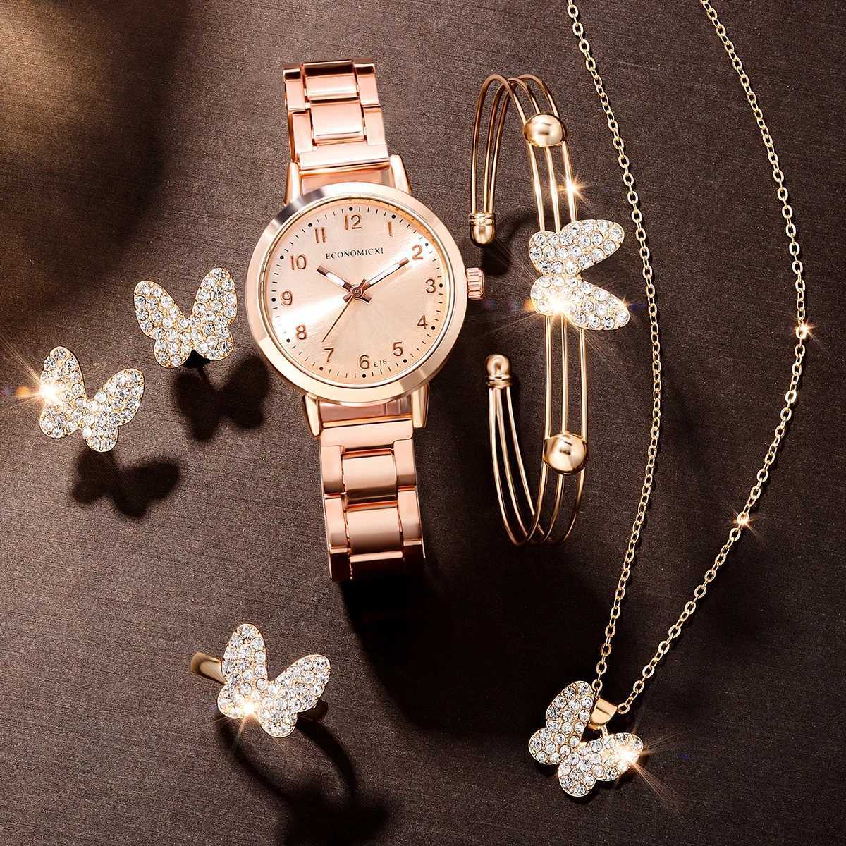 New Hot Selling Fashion Light Luxury Simple Rose Gold Womens Watch and Butterfly Water Diamond Ring Earrings Bracelet NecklaceX240923
