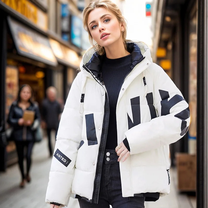 2024 Winter Womens Jacket Female Cotton Padded Printed Letter Thick Wide Bread Jacket Womens Casual Loose Hooded Cotton Jacket 240918