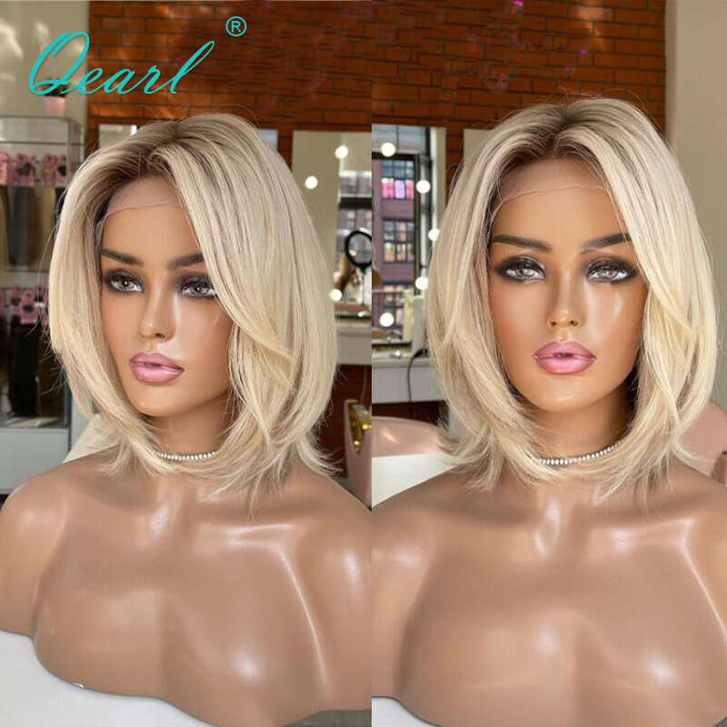 Large Small Size Cap Human Hair Wigs Warm Honey Blonde Frontal Glueless Light 613 Short Bob Lace Wig Natural Root Qearl