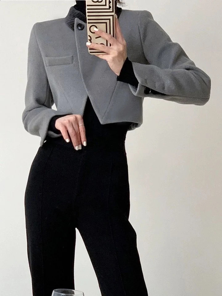 Zoki Vintage Streetwear Cropped Tweed Blazer Women Harajuku Grey Short Coat French Long Sleeve Casual Female Y2K Jacket 240918