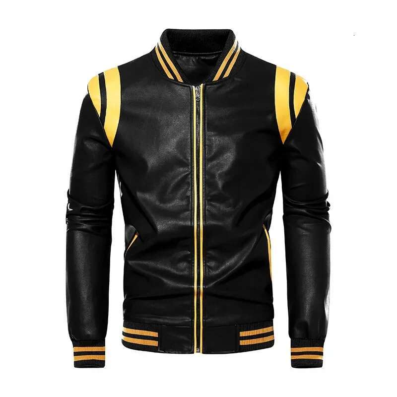 Leather Jacket Men Patchwork Biker Coat Motorcycle Jackets Mens Winter Casual Fleece Warm Coats Stripe Loose Outwear s s s