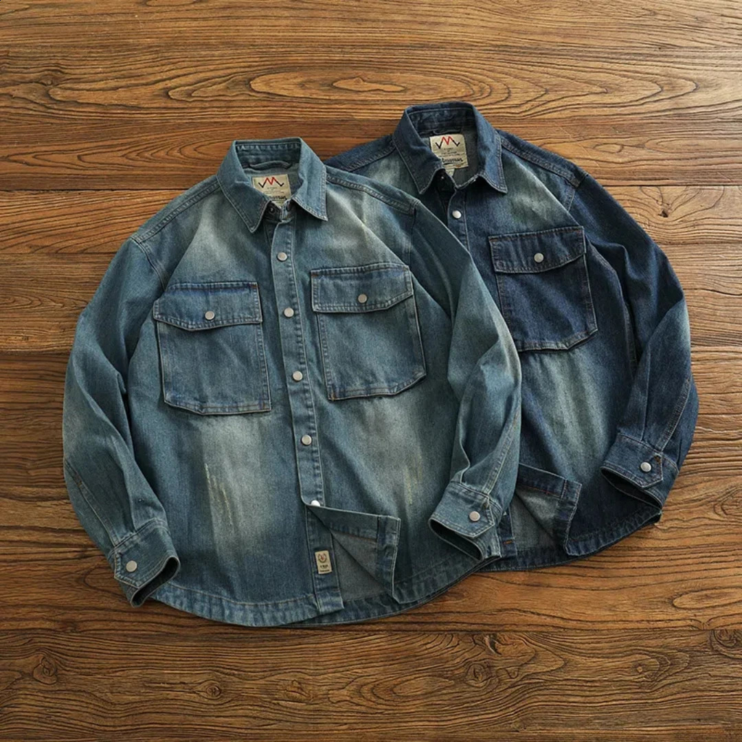 Mens denim jacket autumn loose casual shirt fashionable pocket cargo 240921