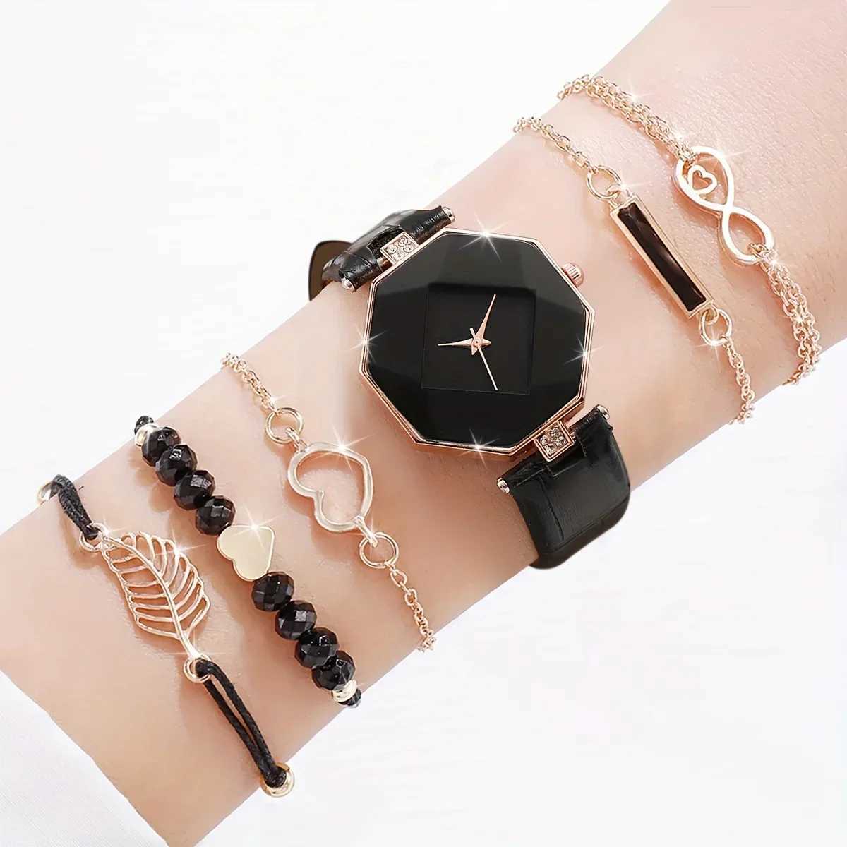 6pcs/set Womens Watch Casual Polygon Pointer Quartz Watch Analog PU Leather Wrist Watch Bracelets Gift For Mom HerX240923