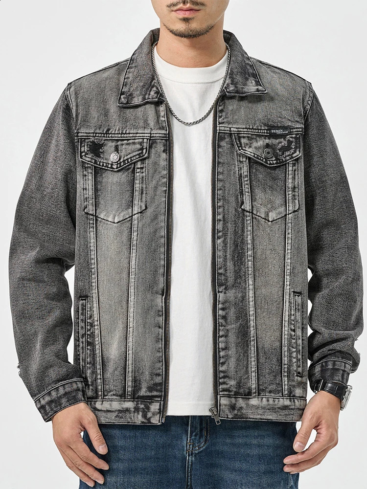 Mens Fashion Denim Jacket Smoke Grey Zipper and Comfortable Fit 240921