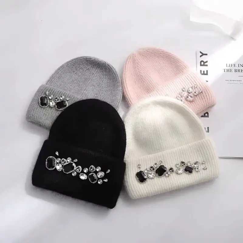 Beanie/Skull Caps Autumn and winter knitted hat rhinestone womens casual tren net red bowler hat warm versatile beanie ear hat J240923