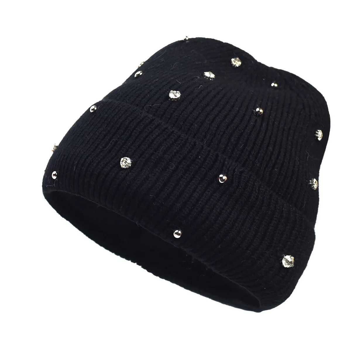 Beanie/Skull Caps New Solid Color Plush Knitted Hat for Women Winter Gradient Warm Wool C Female Pearl Beanies Outdoor Thickened Fashion Bonnet J24092