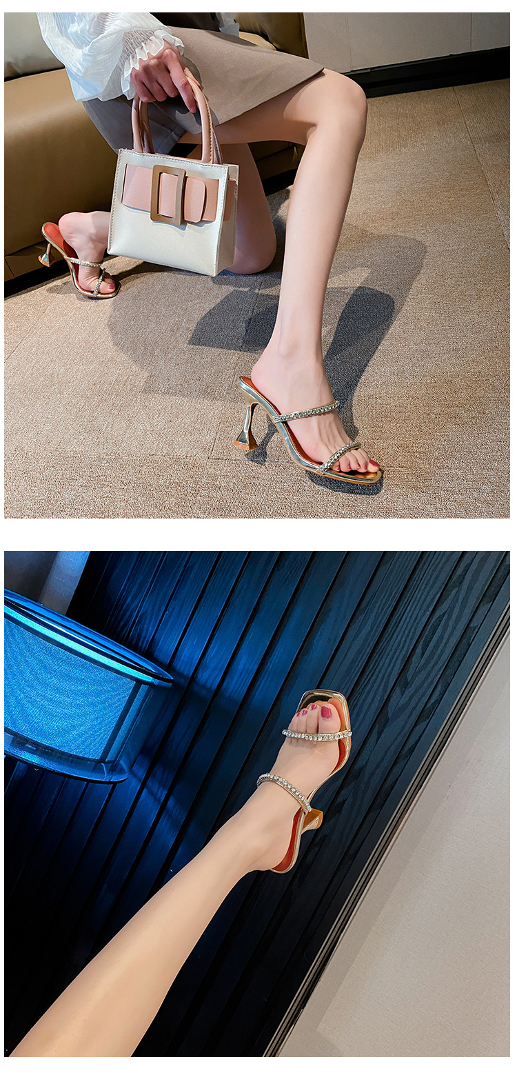 2025 S Fashion Designer Glitter Slides High Heeled Shoes Lady Square Toe Ladies Slippers Jelly Thin PU Crystal Fretwork Rubber Scandals Plus Size