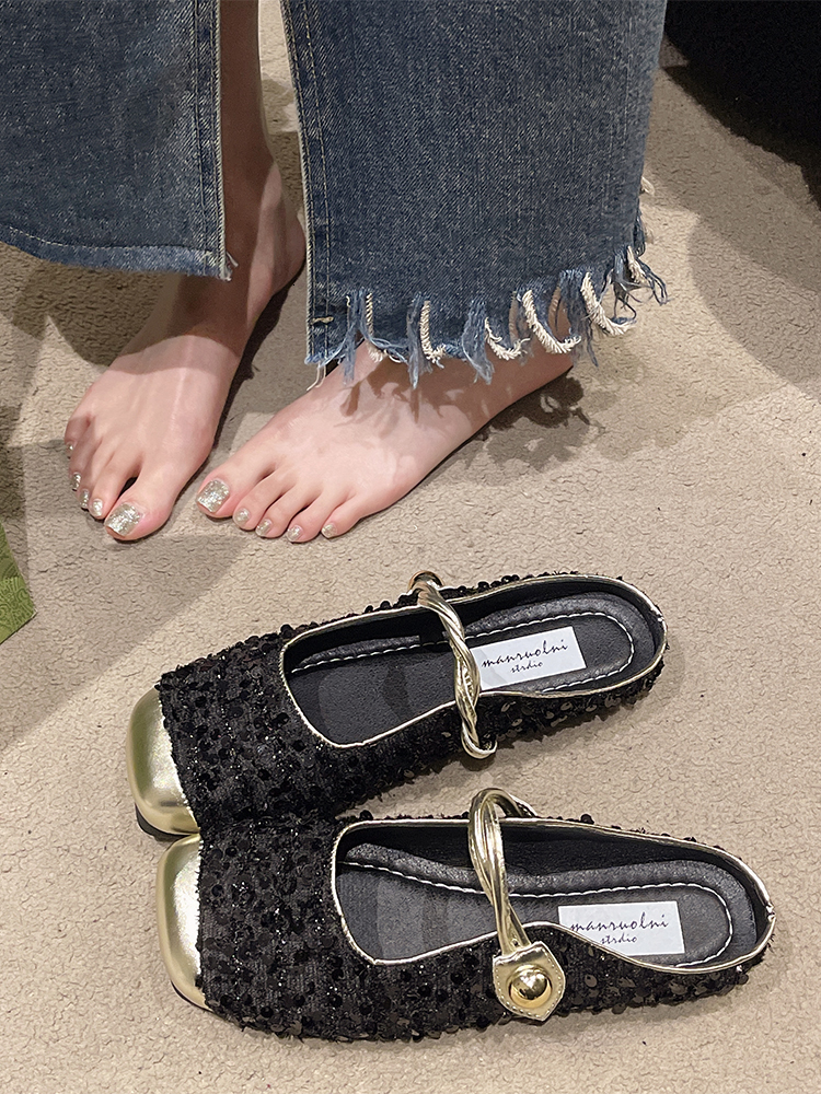 New designer slippers luxury sandals Baotou Half Slippers for Women's Summer Outwear 2024 New French Evening Style Sequins Mary Jane Flat Sandals