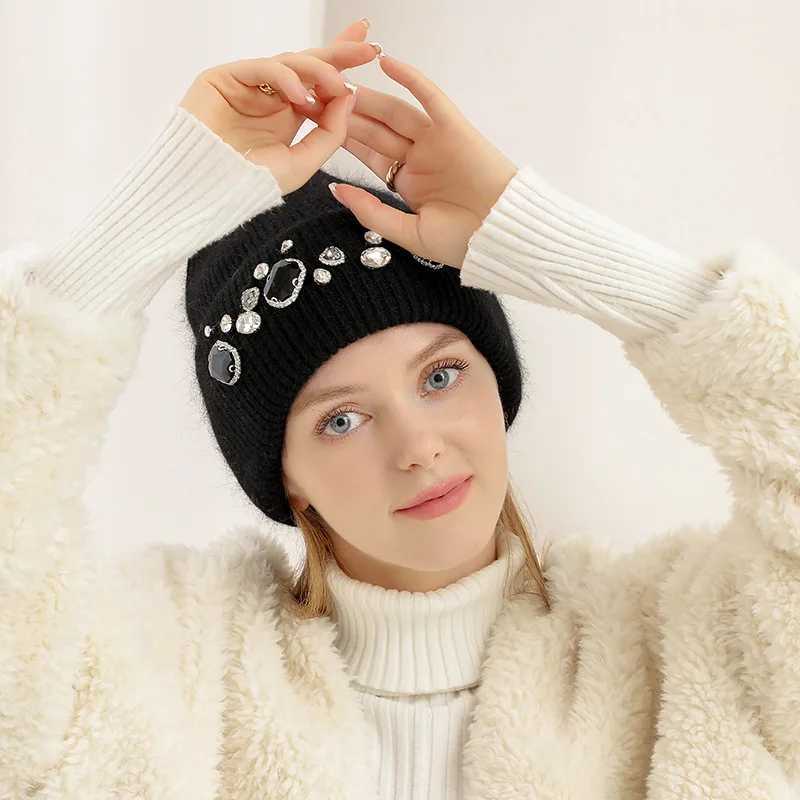 Beanie/Skull Caps Autumn and winter knitted hat rhinestone womens casual tren net red bowler hat warm versatile beanie ear hat J240923