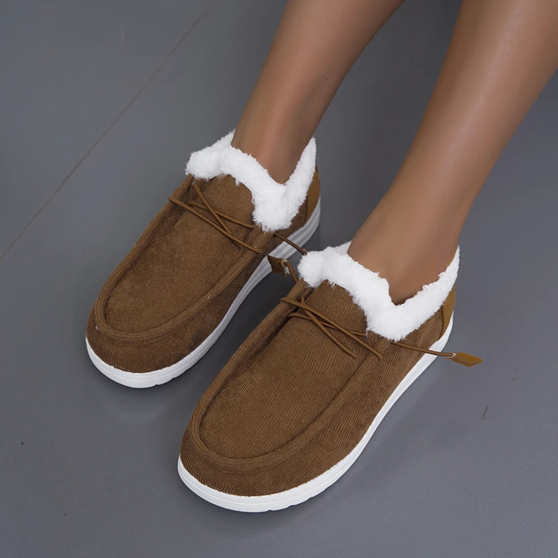 2024 New Womens Winter Ankle Slip on Suede Snow Boots Plush Natural Fur Warm Cotton Outdoor Casual Ladies Flat Shoes