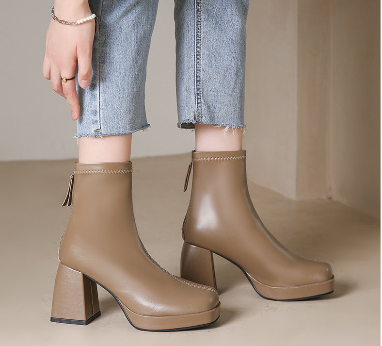 Women Boots Square Toe Fashion Simple Design High Heel Chunky Heel Triple Black Beige Free shipping