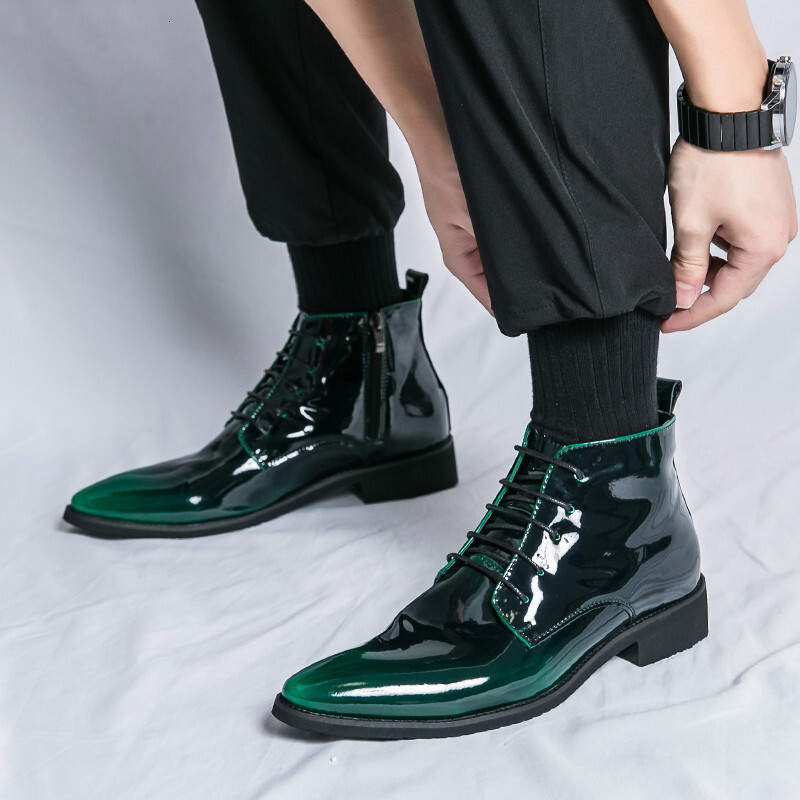 Fashion Design Pink Men High Top Wedding Shoes Leather Bright For Man Flat Lace-Up Men's Pointed Boots Big Size 47 241117