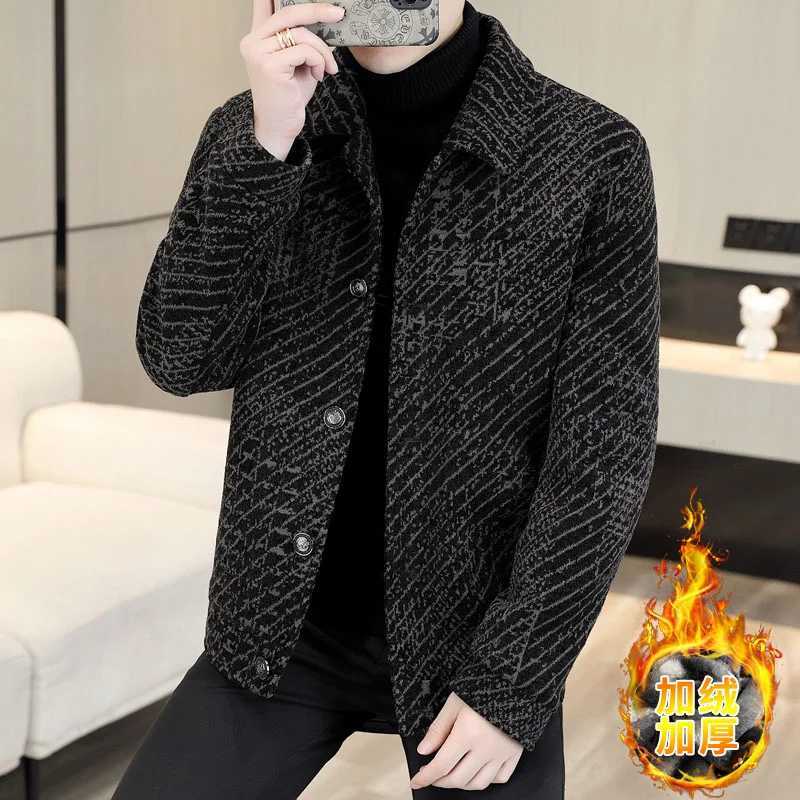 2022 Autumn Winter Striped Wool Blended Jacket Mens Plush and Thick Casual Business Short Trench Coat Social Street Clothing Coat W240921