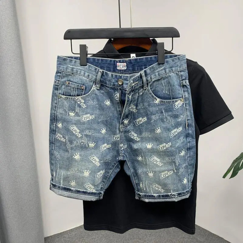 Mens shorts with text pockets graphic original mens denim shorts Distressed Stretch thin buttons summer streetwear 240923