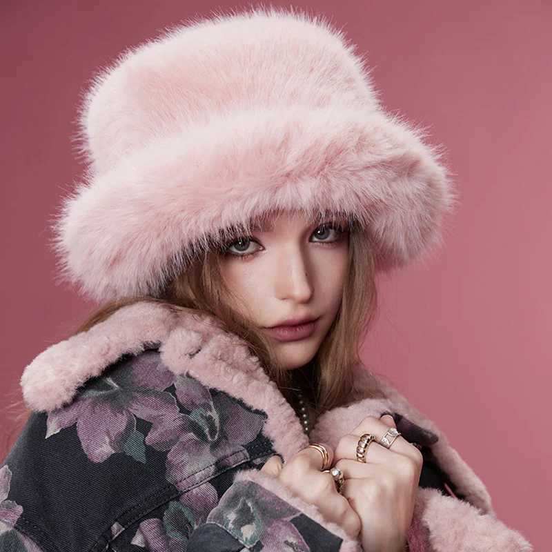 Wide Brim Hats Bucket Adult made fur leather fluffy bucket hat for women luxurious plush winter thick snow super large soft Panama H240923 WG51