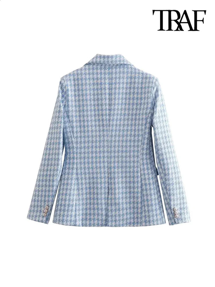 TRAF Women Fashion Houndstooth Double Breasted Tweed Blazer Coat Vintage Long Sleeve Flap Pocket Female Outerwear Chic Veste 240911