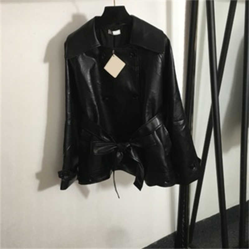 Leather Jacket Women Fashion Jackets Womens Autumn And Winter Genuine Leathers Solid Color Lapel Neck Long Sleeve Lace-up Button Casual Wear Coat