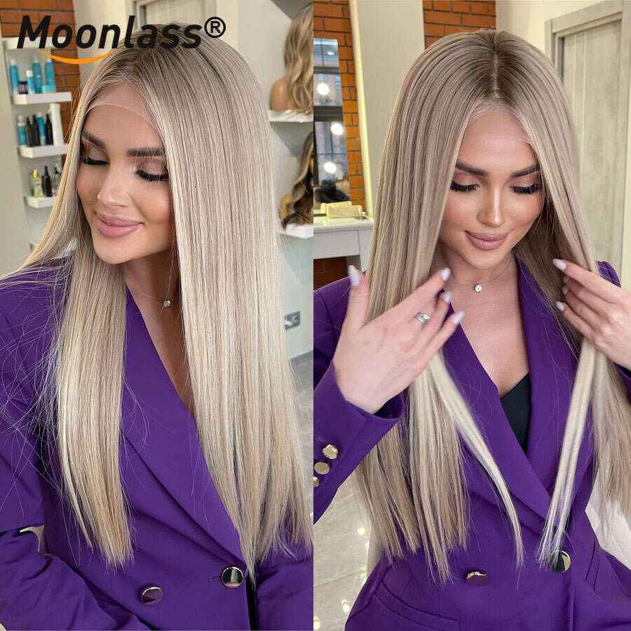 Glueless Highlight Ash Blonde Straight Wig 100% Human Hair 180 Density 13x6 Lace Front Preplucked Natural Remy Wigs