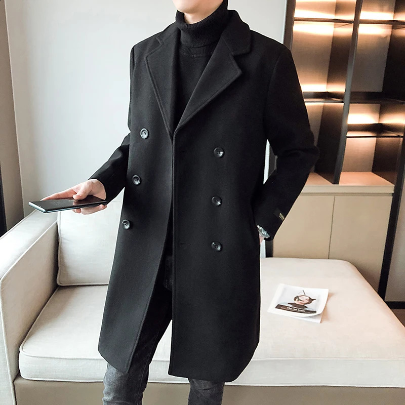 Men Winter Thick Warm Trench Coat Double Breasted Wool Coats Business Long Slim Fit Male Trench Jacket Overcoat M-3XL 240923