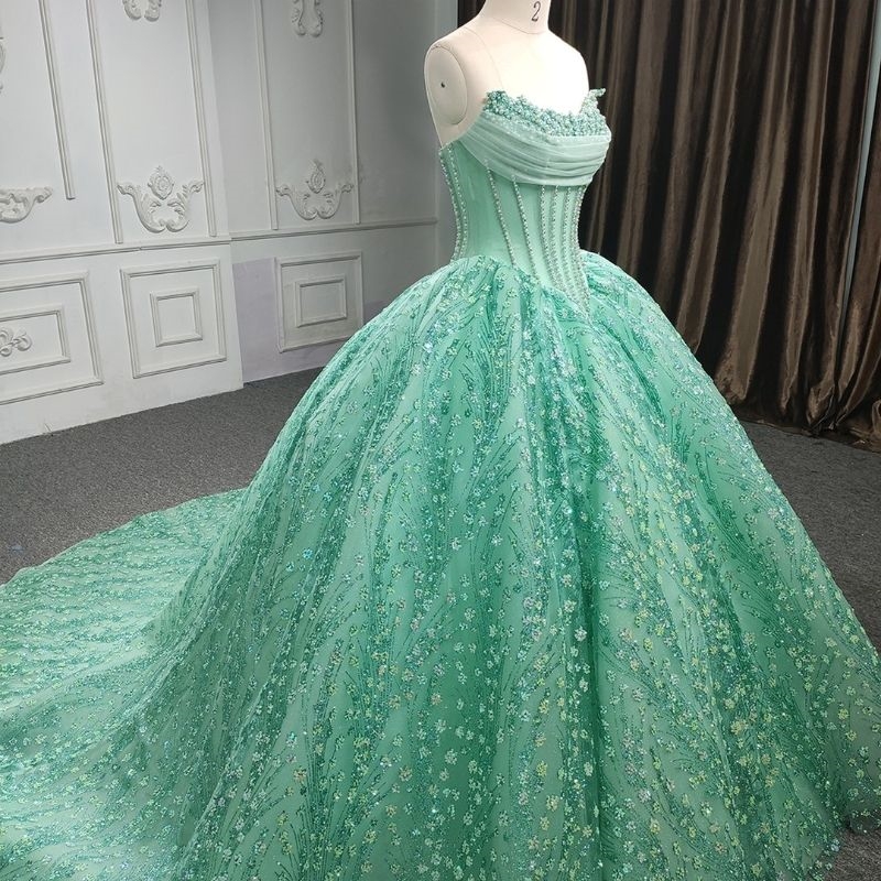 Mint Green Shiny Quinceanera Dresses Off The Shoulder Beading Crystal Tull Sweet 16 Dress Birthday Party Gown Corset Vestidos De 15 Anos